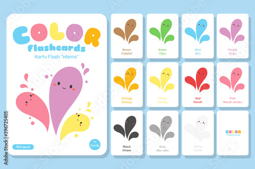 Color bilingual flashcards vector set. Cute color educational flashcards for kids.