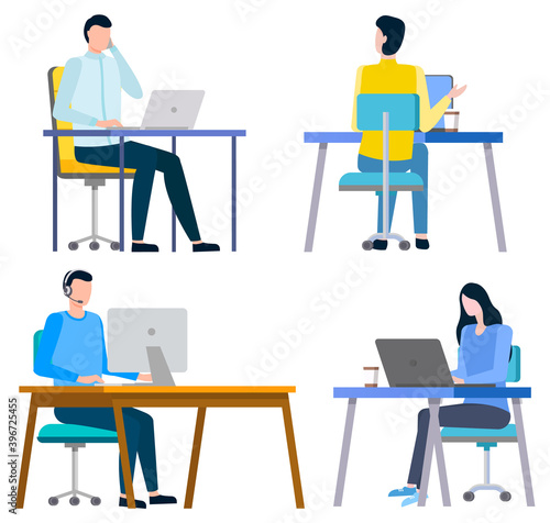 People working on laptops and planning financial issues. Vector investors analyzing sales, sitting at tables on chair. Online consultants or managers isolated