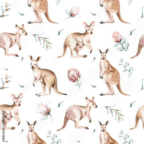 Watercolor australian cartoon kangaroo seamless pattern. Australian kangaroos set kids illustration. Nursery wallpaper art