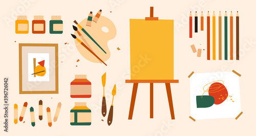 Large set of tools and materials for a young artist vector illustration. Paints in cans and tubes, palette knives, easel, palette, colored pencils, and drawings on a light isolated background.