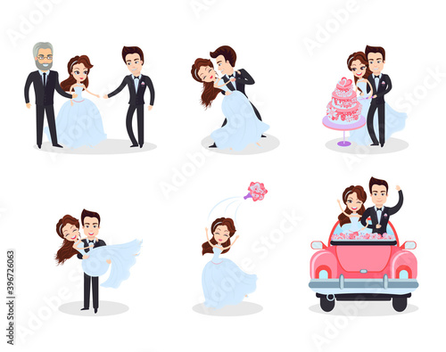 Wedding ceremony set vector, woman and man on first dance, groom and bride throwing bouquet, lady standing with parent, people in car on honeymoon