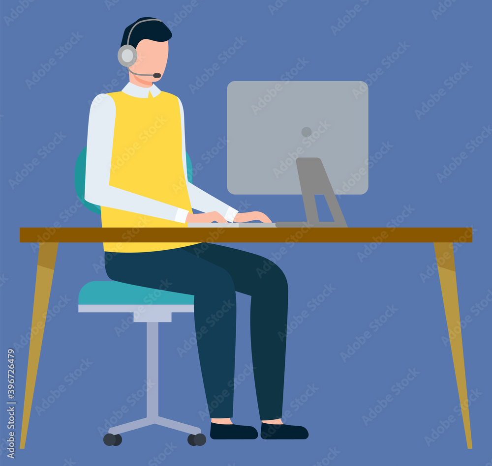 Man working on laptop vector, isolated personage wearing laptops flat style. Support for clients, service for customers, serious male character looking at screen of computer in office illustration