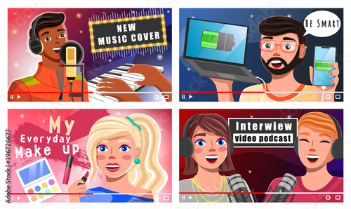 Bloggers telling about new music cover, modern technology devices, everyday makeup, interview podcast, content creators shooting video for social network, internet, collection of video players