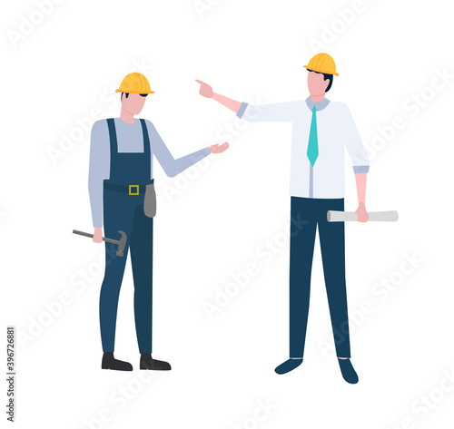 Man with tools wearing protective helmet vector, boss managing process of building construction flat style. Person giving advices and organizing job