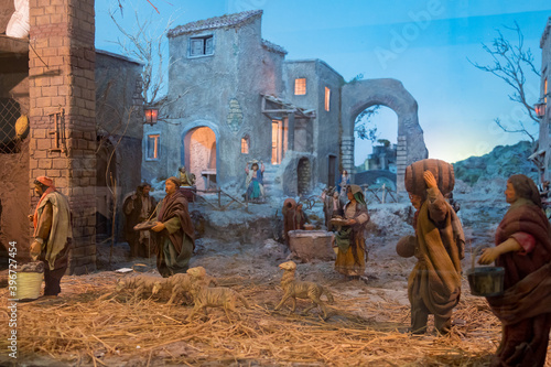 Close Up of a typical Neapolitan Crib. The art of Neapolitan nativity of S. Gregorio Armeno