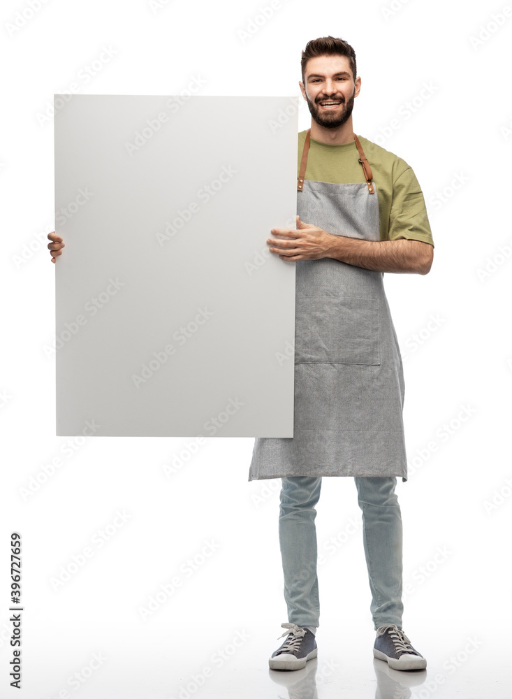 people, profession and job concept - happy smiling barman in apron holding big empty billboard over white background people, profession and job concept - happy smiling barman in apron holding big empty billboard over white background