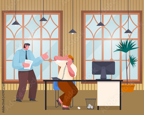 Conflict of boss and worker, unorganized office worker panic, angry boss man holding document swear at worker man talking phone, stressing, confused, male made mistake in work, chaos in office