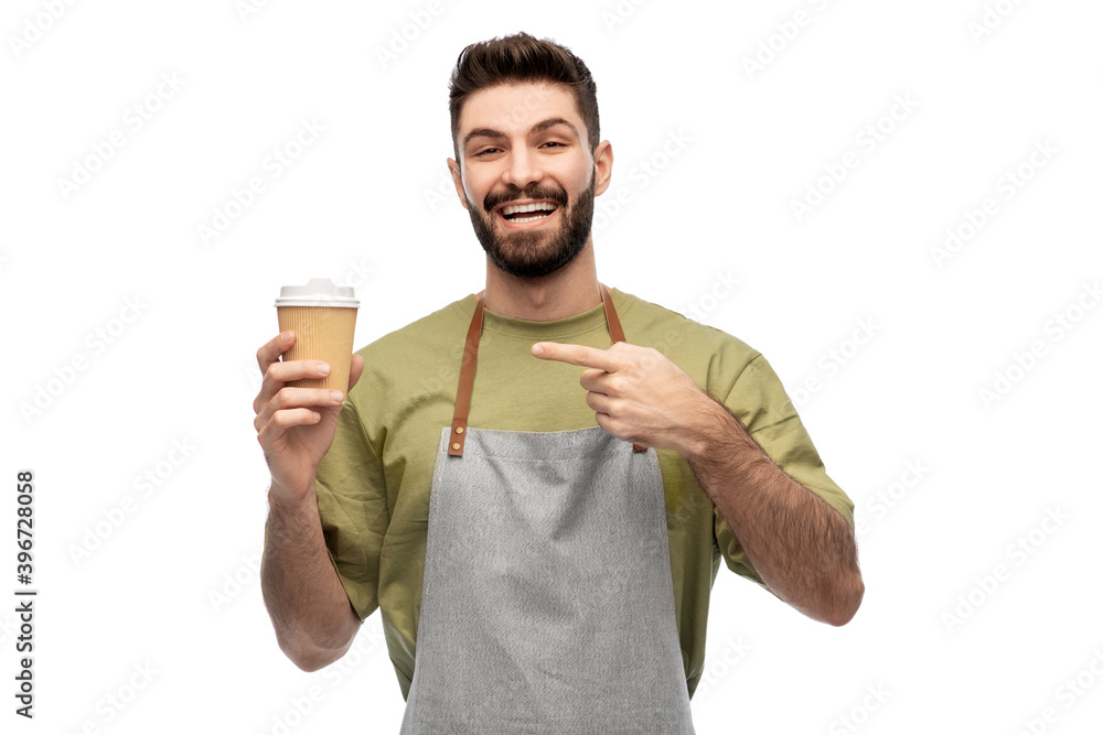 people, profession and job concept - happy smiling barman in apron holding takeaway coffee over white background people, profession and job concept - happy smiling barman in apron holding takeaway coffee over white background