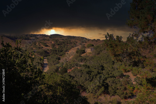 Photoshop landscape of roads, hills at sunset.