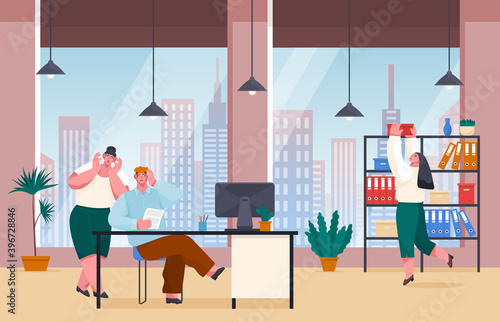 Unorganized office workers shocked from paperwork. Woman and man looking at document. People made mistake in work, report, document. Stressing woman taking archive box from shelves. Chaos in office