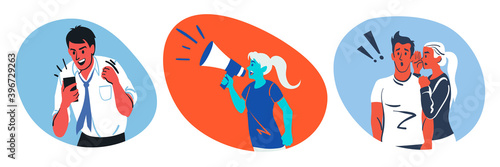 Protest, gossip, business success set concept. Collection of men women characters teliing rumors demonstration participant and advertisement announcement. Good news and telling secret illustration.