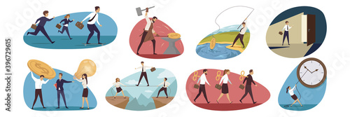 Business, finance, teamwork set concept. Collection of businesspeople men women managers leaders making currency mining rushing on work together. Time management deadline and new career illustration.