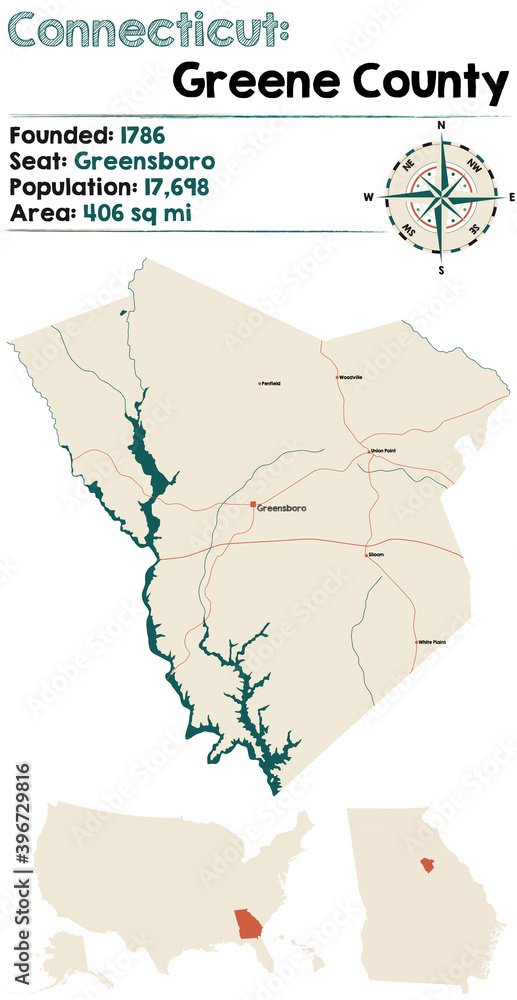 Fototapeta premium Large and detailed map of Greene county in Georgia, USA.