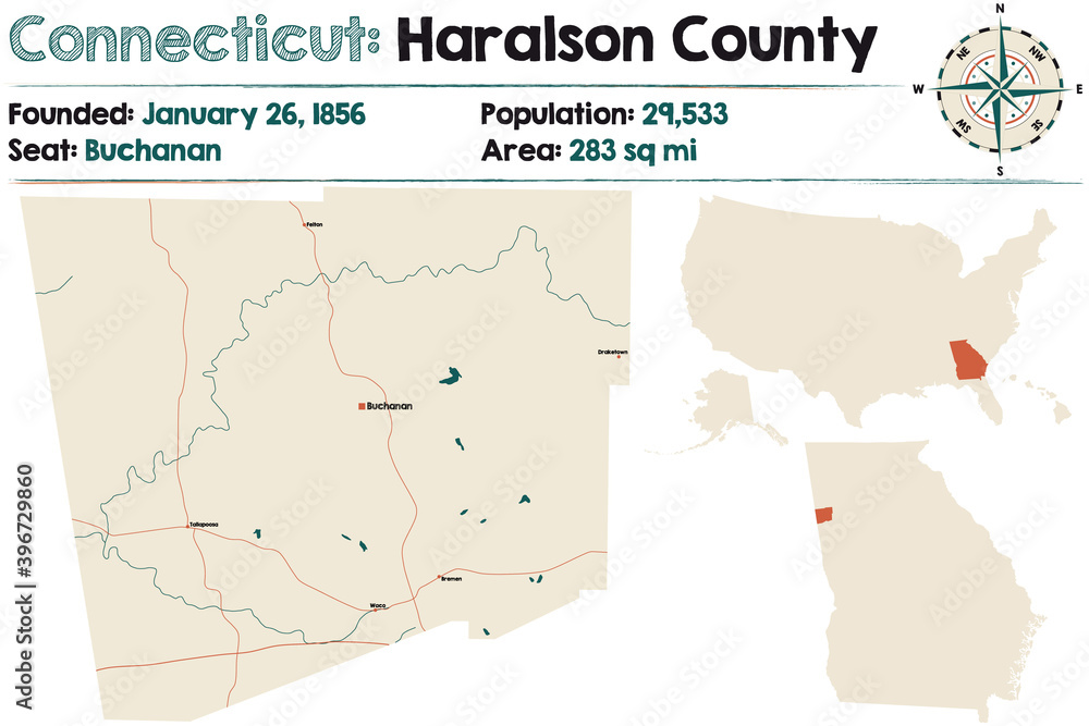 Large and detailed map of Haralson county in Georgia, USA.