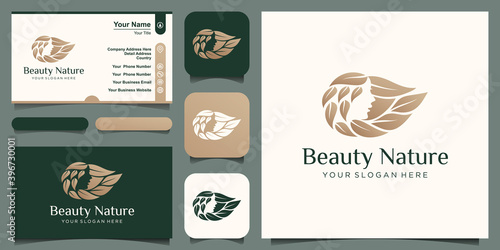 woman hair with leaf style stylized silhouette, beauty salon logo template