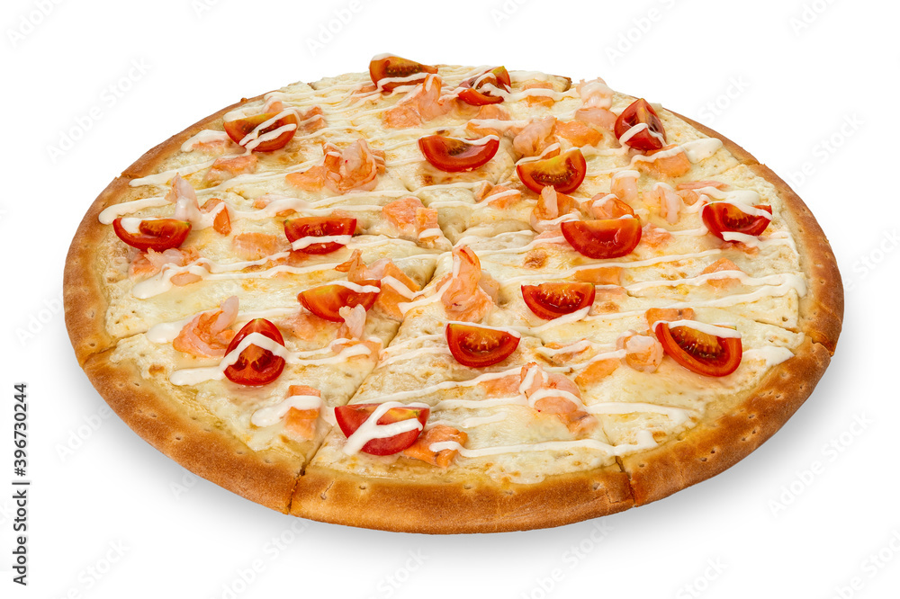 Seafood pizza isolated on a white background