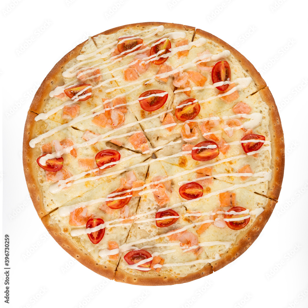 Seafood pizza isolated on a white background. Pizza top view