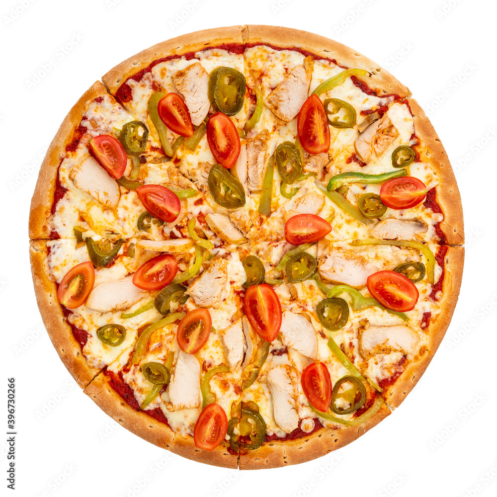 Chicken and cheese pizza isolated on a white background. Pizza top view