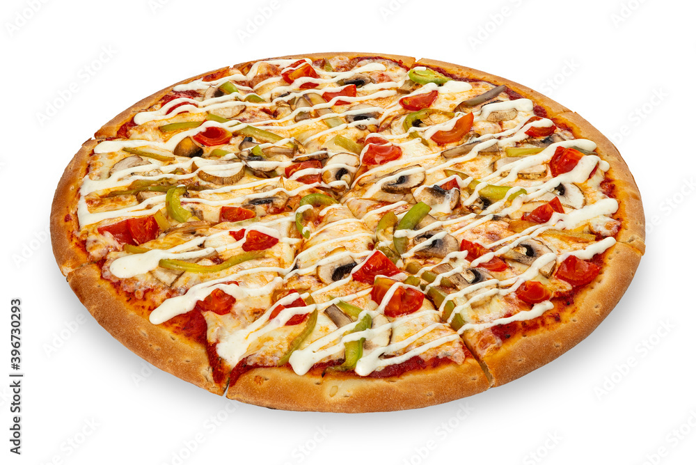 Vegetarian cheese pizza isolated on a white background