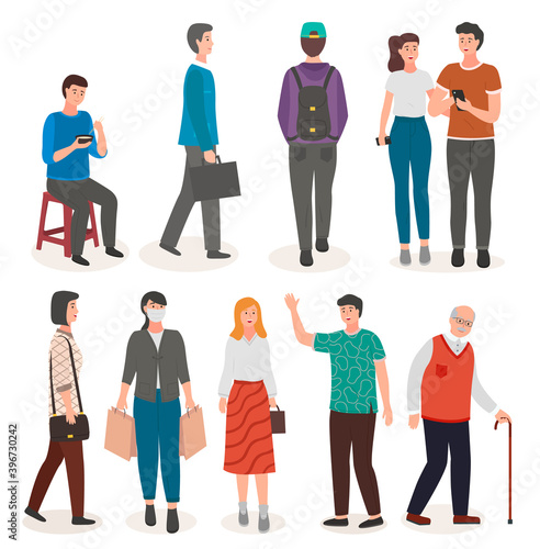 People collection, different men, women, guy sitting at chair, eating soup, with suitcase, from back view, couple of girl and guy, woman with packages in mask, waving hand, old man with walking stick