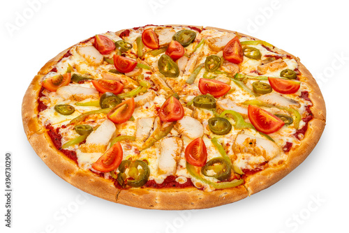 Obraz na płótnie Chicken and cheese pizza isolated on a white background w salonie