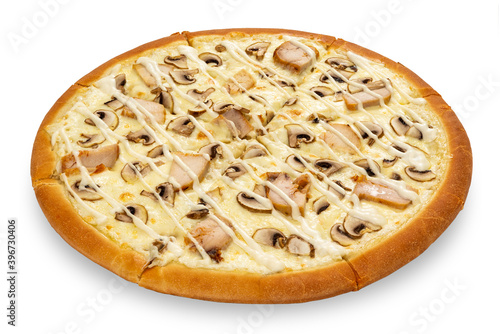 Cheese and champignon mushrooms pizza isolated on a white background