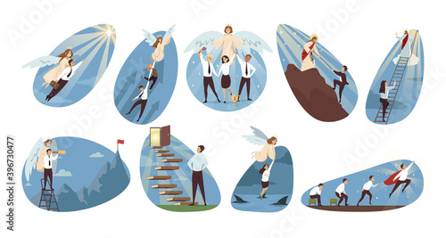 Religion, business, support set concept. Jesus Christ angels biblical religious characters helping businesspeople managers leaders reaching financial success. Divine support christianity illustration.