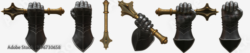 Medieval armor, metal mace in hand. Iron fist .Symbol of knights. 3D rendering	
