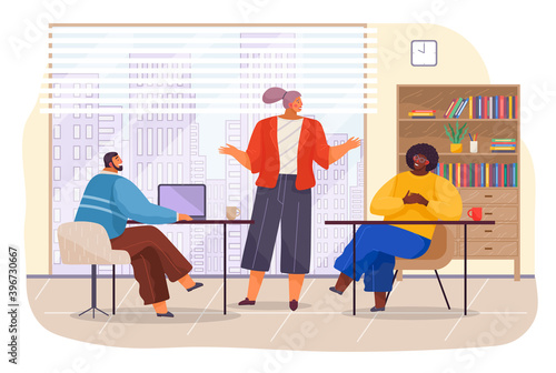 Workers in office with panoramic window, young woman talking with colleagues, african man listening partner female, man working with laptop, designers or co-workers discussing project, plan or startup