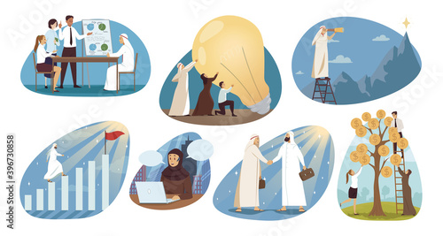 Business, teamwork, financial success set concept. Collection of arabic muslim arab with hijab businesspeople men women at meeting working having idea collecting money. Career growth finance agreement