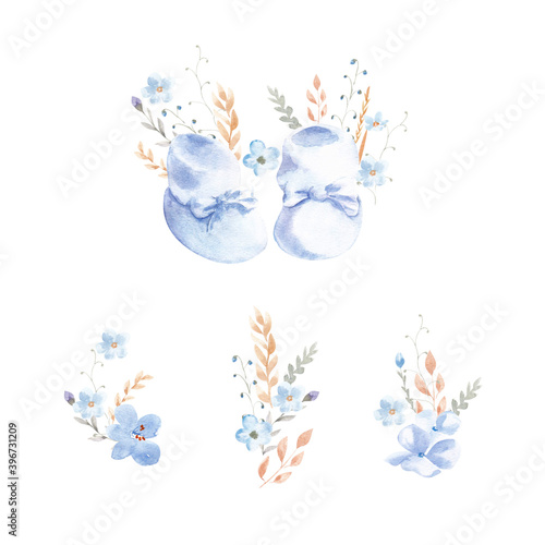 Watercolor boy baby shower design elements. Booties and blue flowers on a white background. Cute children birthday illustration for invitations or greeting cards.