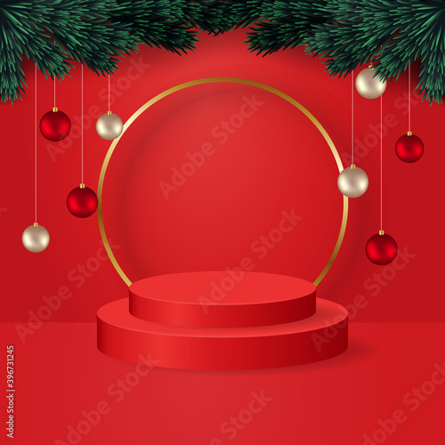 Realistic display stage Christmas theme vector decorated with tree and Christmas ball. 3D red podium.