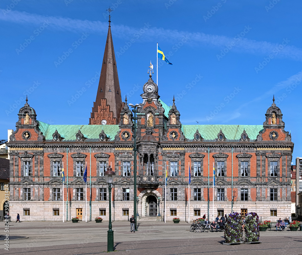 Fototapeta premium Malmo City Hall and Tower of the Church of Saint Peter, Sweden