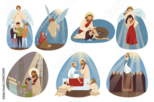 Religion, bible, christianity set concept. Collection angle Jesus Chrsit son of god Mary virgin religious biblical character helping people and making miracle. Divine blessing and catholic holidays.