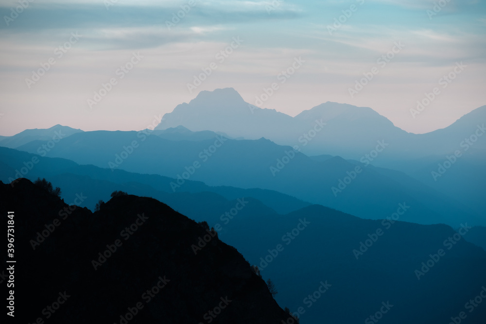 Mountains in a hazy haze after sunset