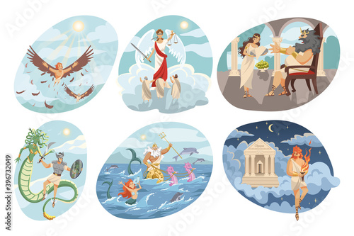 Mythology, Greece, religion set concept. Mythological religious ancient greek series of flying Icarus hero Perseus kills Medusa Gorgon Prometheus stealing divine fire Themis goddess and god Poseidon.