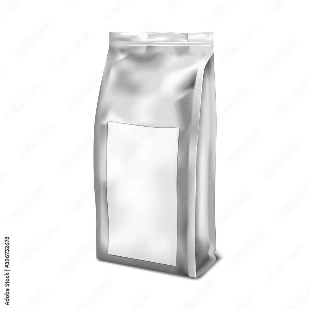 Foil gusseted bag with blank label sticker isolated on white background, realistic vector mockup. Vacuum stand up pouch, mock-up for design Foil gusseted bag with blank label sticker isolated on white background, realistic vector mockup. Vacuum stand up pouch, mock-up for design