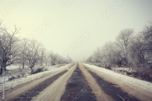 winter road abstract landscape, seasonal path december snow