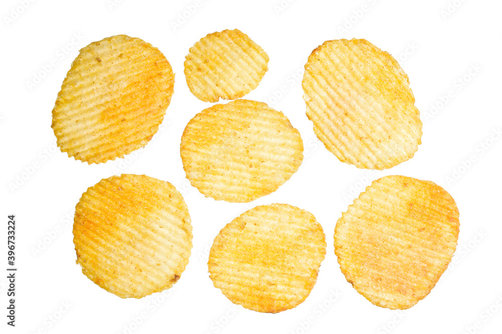 Potato Chips Isolated On White Background With Clipping Path Potato Chips Isolated On White Background With Clipping Path