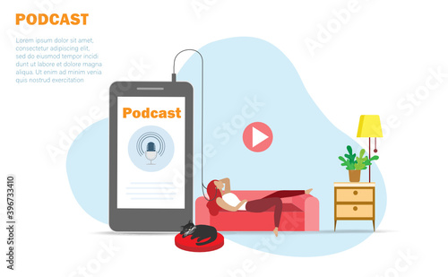 Woman with relaxing manner in living room enjoy listening to podcast, online broadcasting application. Social media player and entertainment technology concept.
