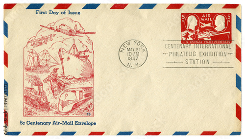 New-York, The USA - 21 May 1947: US historical envelope: cover with cachet 5 cents centenary Air-Mail Envelope, International philatelic exhibition 