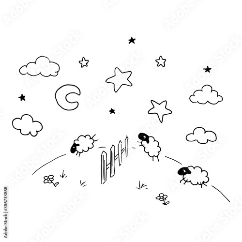 Sheep jump over the fence. Cute hand drawn picture in doodle style. Vector illustration