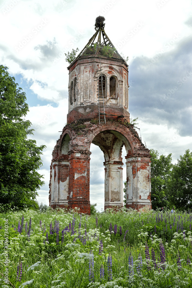 Rositsa, Belarus -06.06.2020: Ruins of the Orthodox Church of St. Euphrosyne in the village of Rositsa, Belarus