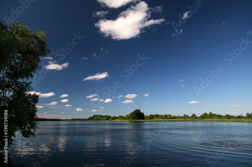 Summer landscape with forest lake and cloudy sky