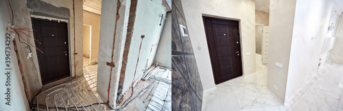 Fotografi Comparative image of a hall in apartment before and after restoration