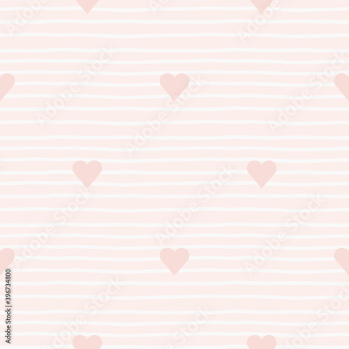 Vector tender girly background with pale pink hearts and uneven white hand drawn lines. Delicate pastel background for valentine day.