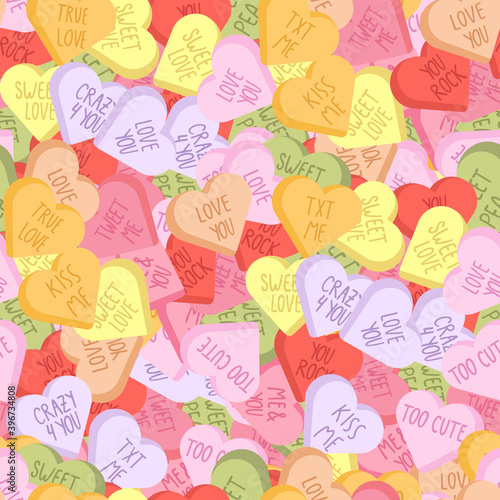 Vector vibrant seamless pattern with conversation hearts candy. Romantic background with heart shaped candy for valentine day.