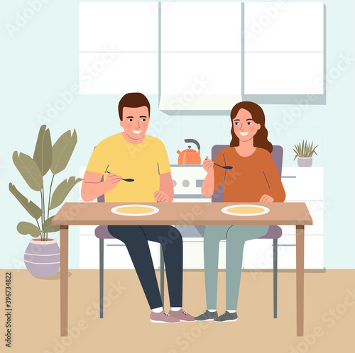 Young man and Smiling woman having dinner in kitchen. Vector flat style illustration