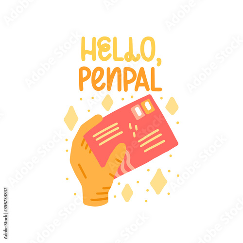 Hello penpal - cute colorful vector doodle with lettering for mail, postage and postcrossing. Hand, envelope, letter, stars. Vector template for card, postcard, banner, poster, sticker photo