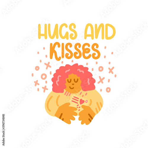 Hugs and kisses - cute colorful vector doodle with lettering for mail, postage and postcrossing. Woman, envelope, letter, love. Vector template for card, postcard, banner, poster, sticker
